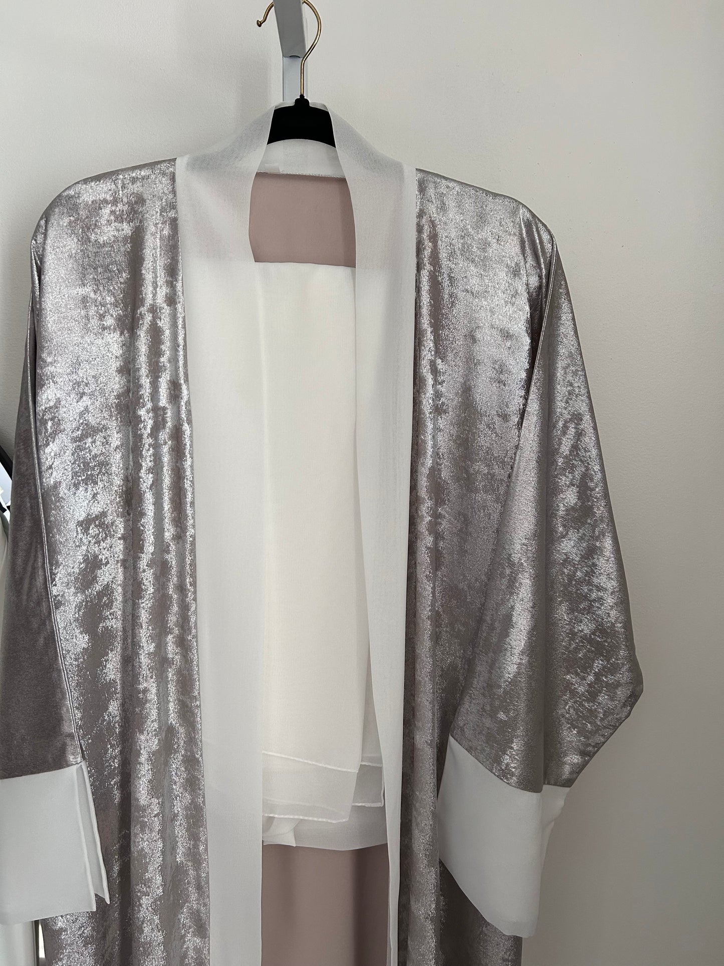 Luxury Shimmer Silver Abaya Set with White Inner Dress