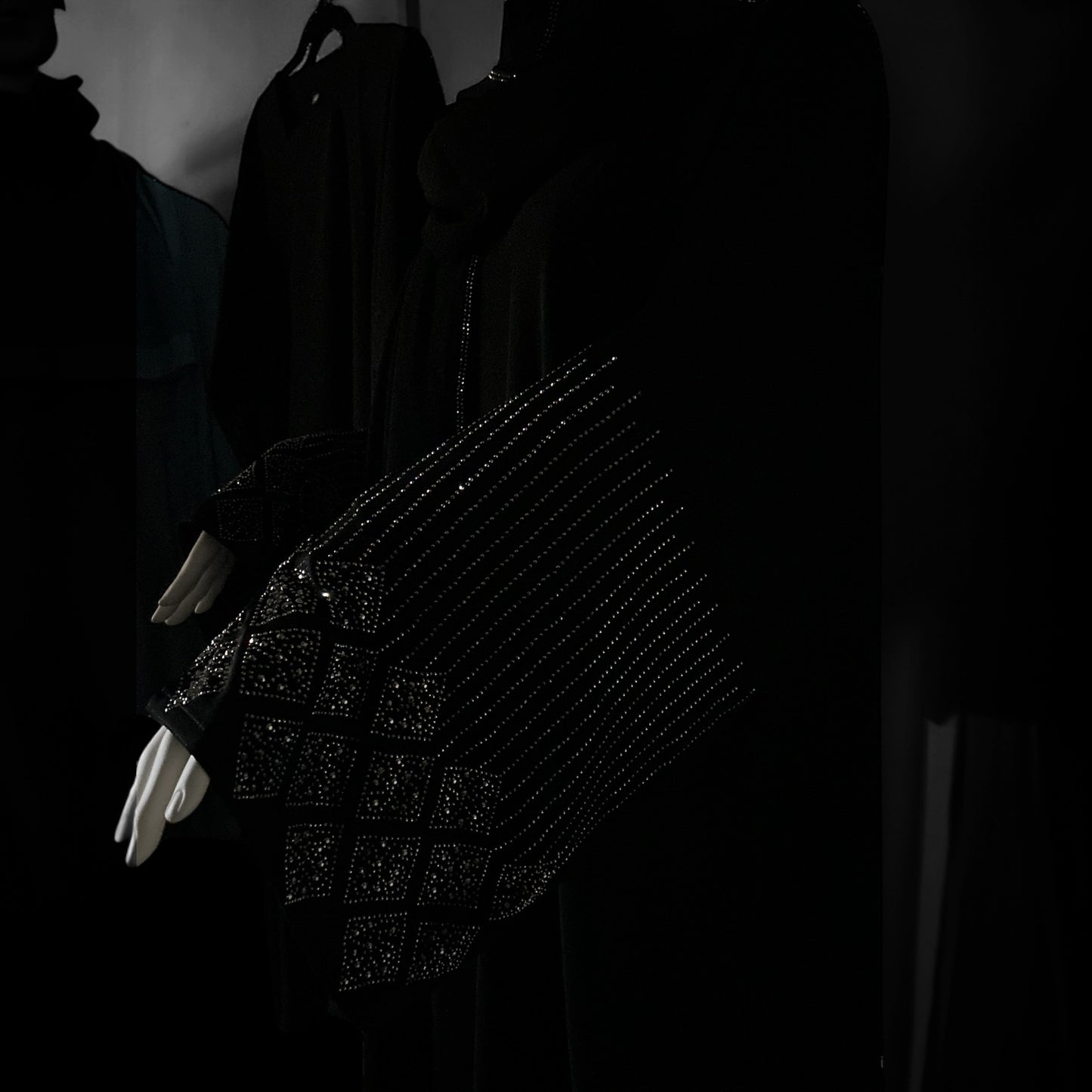 Elegant Black Dubai Abaya | Closed Nida Fabric with Stone Sleeve Details & Matching Hijab | Modest Occasion Dress for Muslim Women