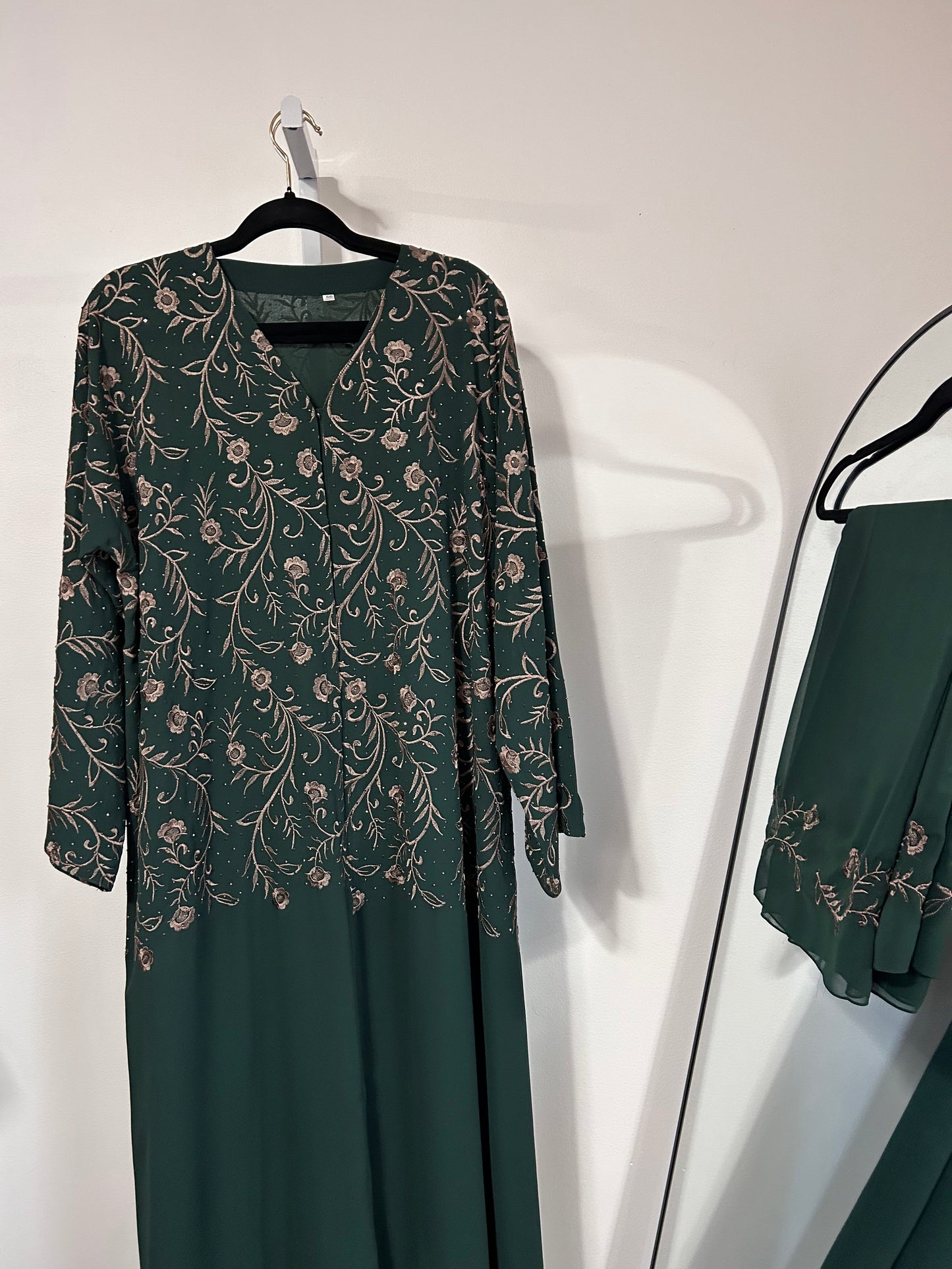 Forest Green Chiffon Abaya Set | Double-Layered Abaya with Embroidered Top & Sleeves + Stones | Eid, Wedding & Special Occasion Wear