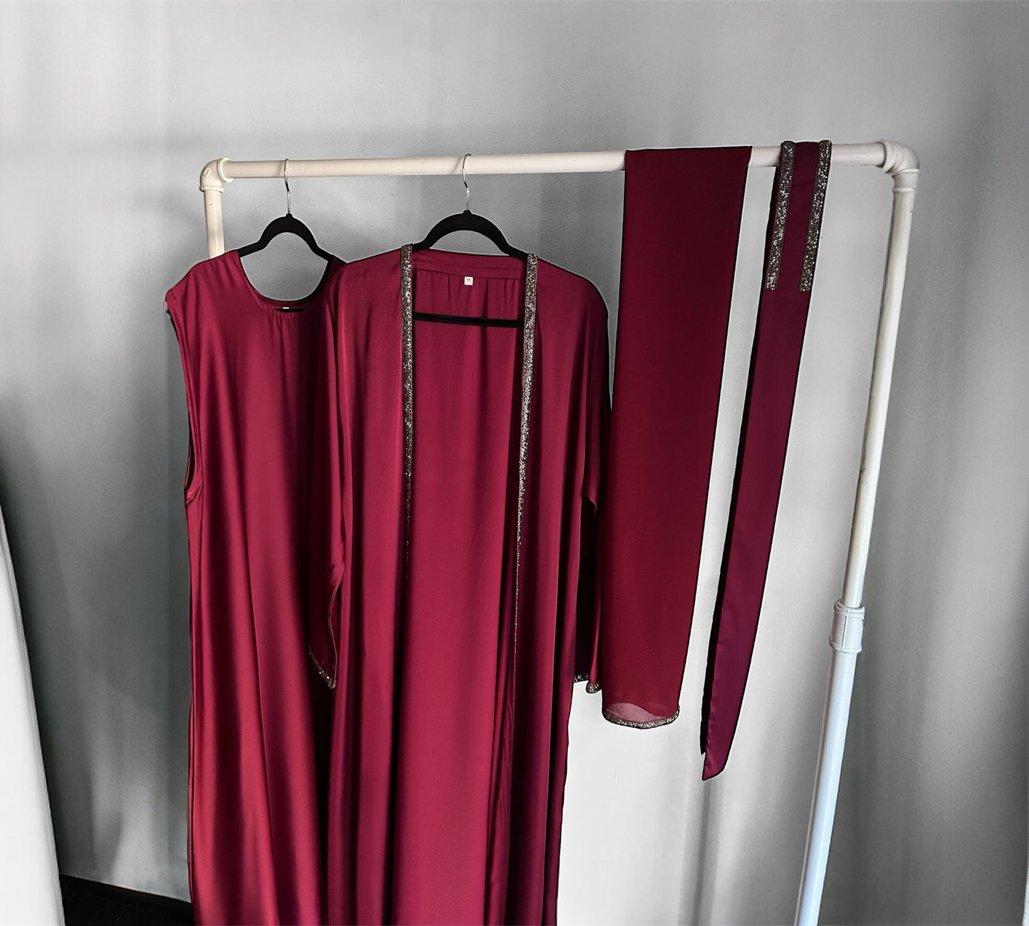 Burgundy Elegance: Four-Piece Silk Abaya with Stone Accents