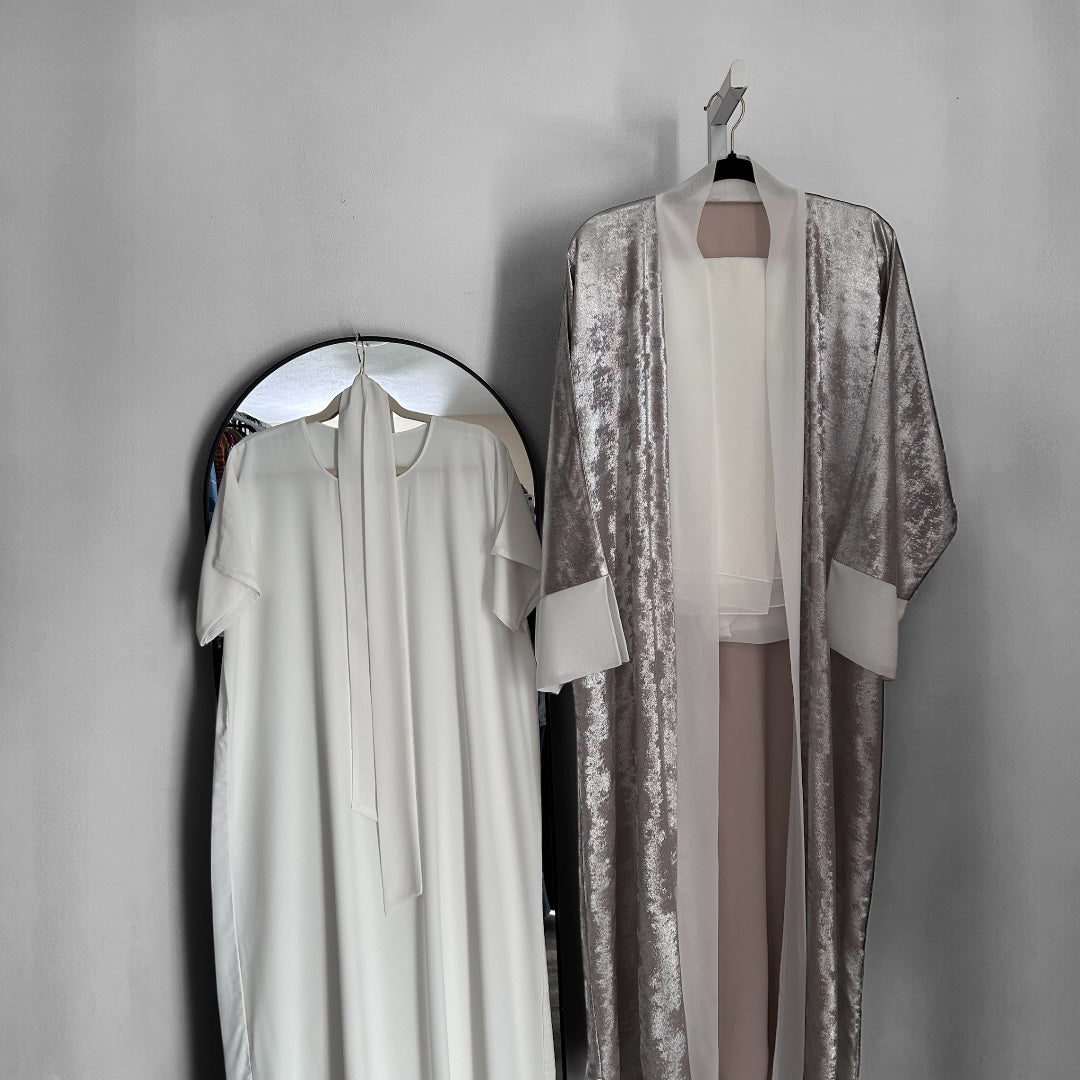 Luxury Shimmer Silver Abaya Set with White Inner Dress