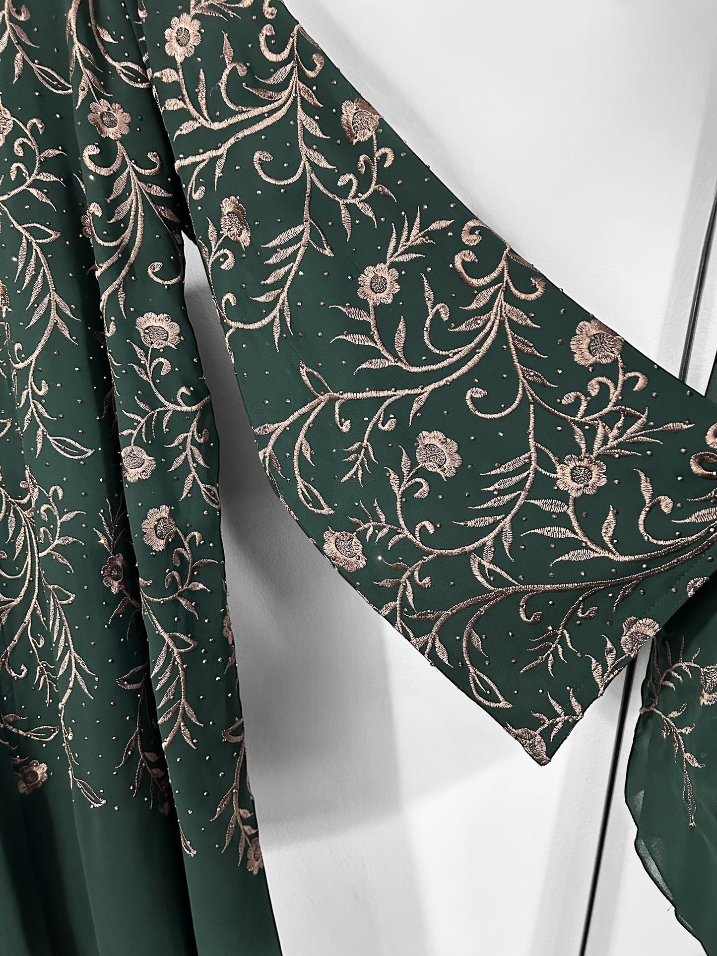 Forest Green Chiffon Abaya Set | Double-Layered Abaya with Embroidered Top & Sleeves + Stones | Eid, Wedding & Special Occasion Wear