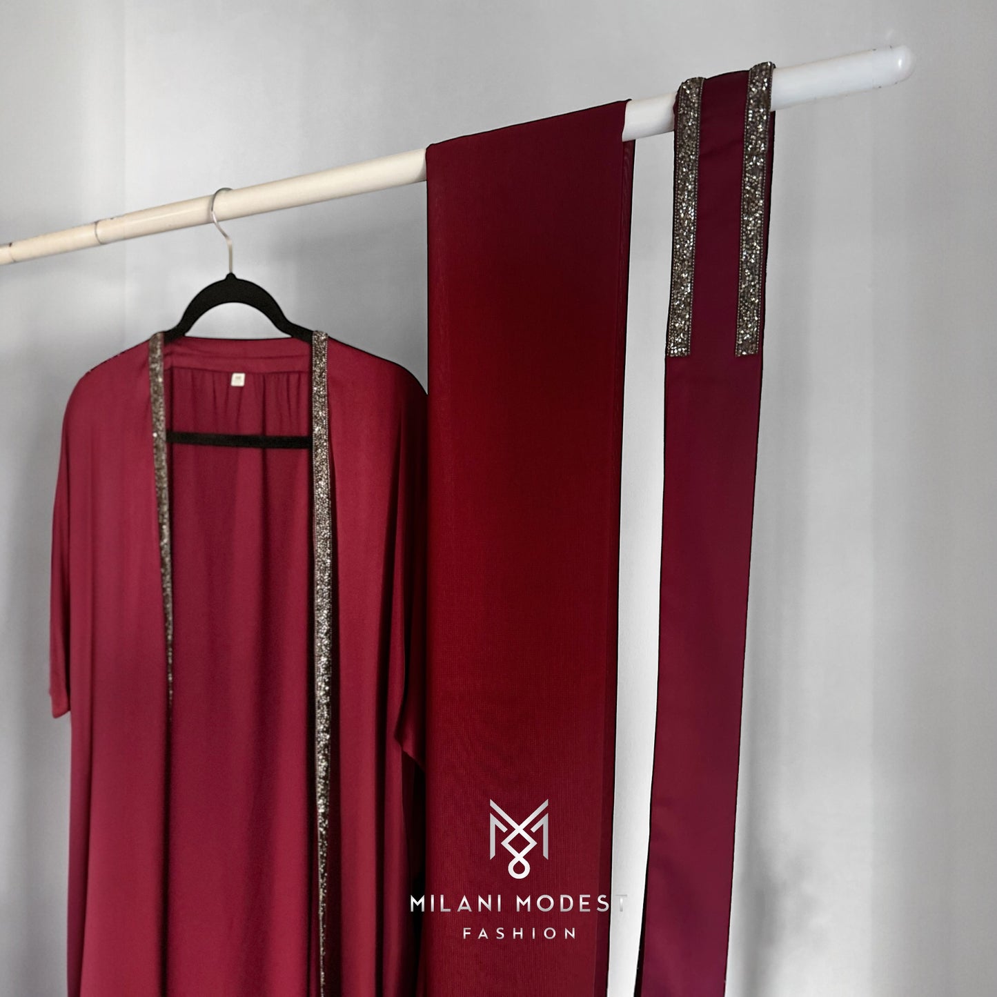 Burgundy Elegance: Four-Piece Silk Abaya with Stone Accents