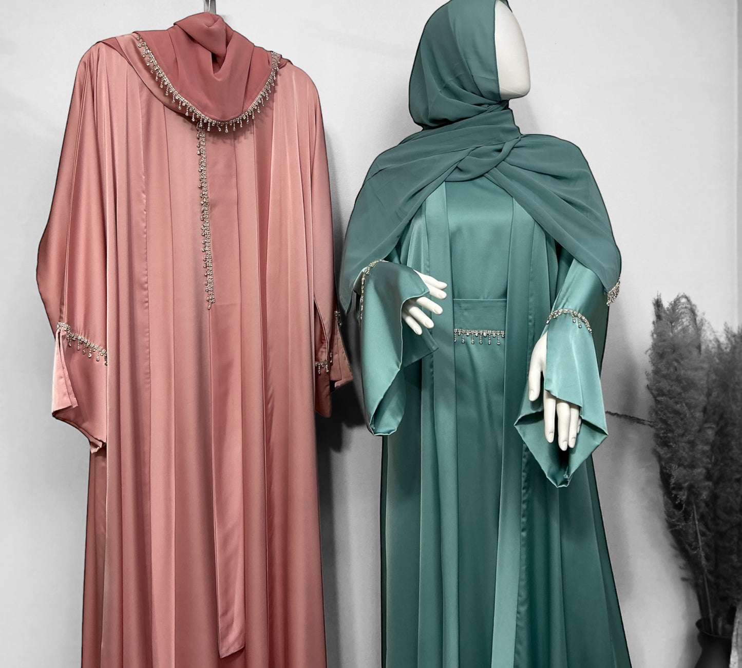 Silky Satin Abaya Set | 4-Piece Dubai Style with Inner Dress, Belt, Scarf & Stone Details | Custom Made Abaya for Weddings and  Eid
