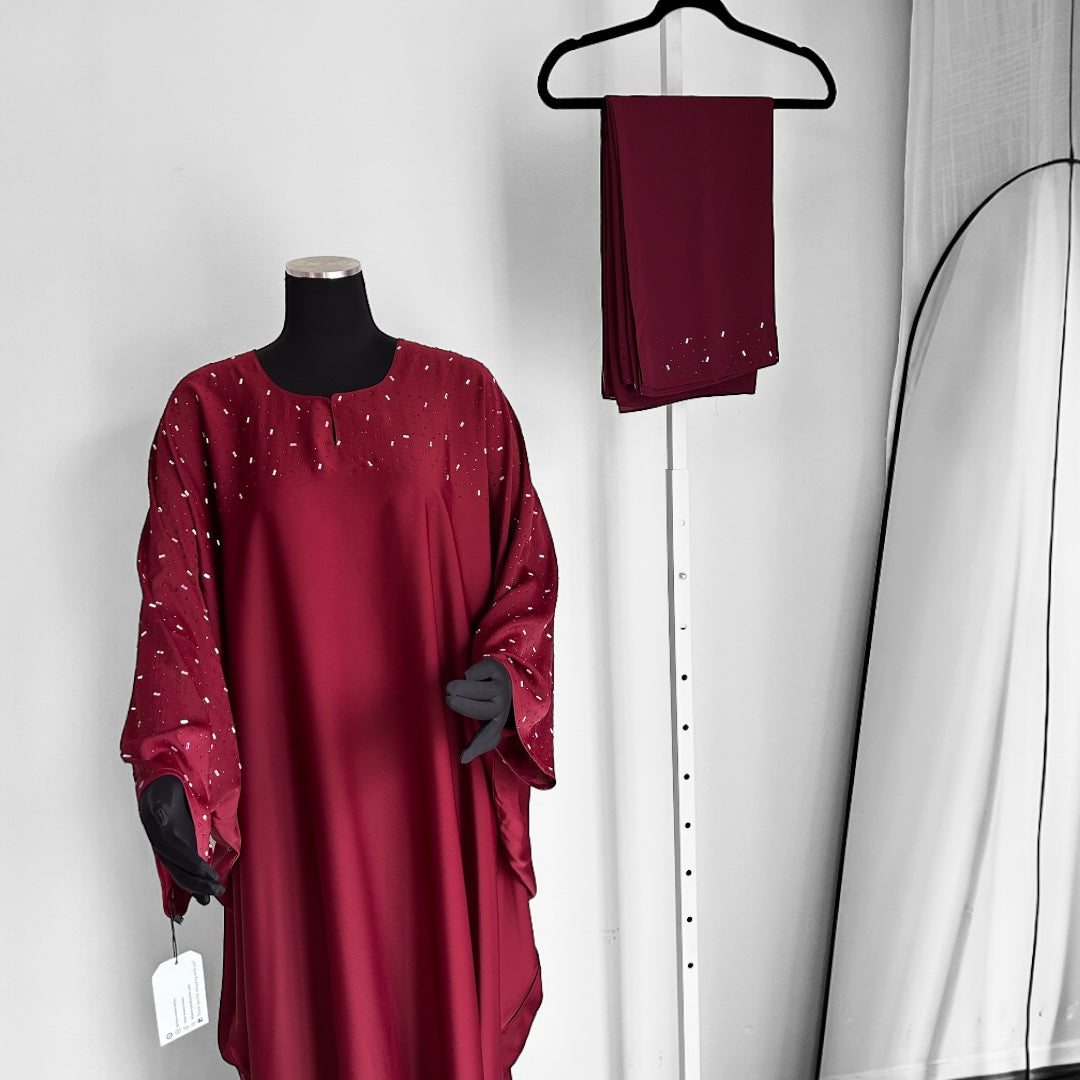 Khaleeji Butterfly Abaya-Dark Red