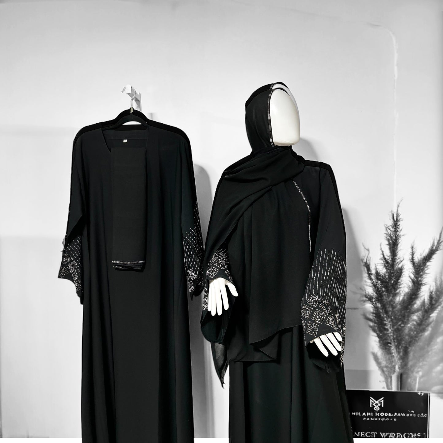 Elegant Black Dubai Abaya | Closed Nida Fabric with Stone Sleeve Details & Matching Hijab | Modest Occasion Dress for  Muslim Women