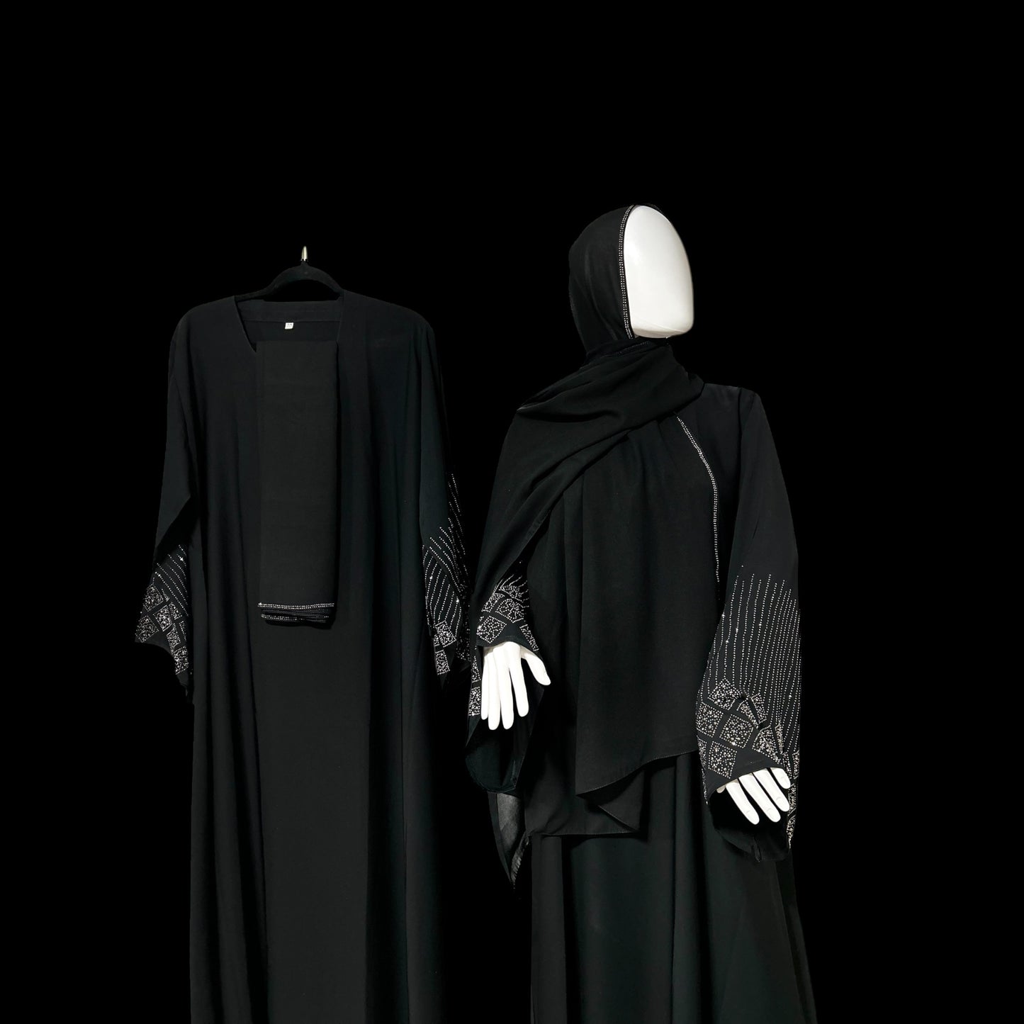 Elegant Black Dubai Abaya | Closed Nida Fabric with Stone Sleeve Details & Matching Hijab | Modest Occasion Dress for  Muslim Women