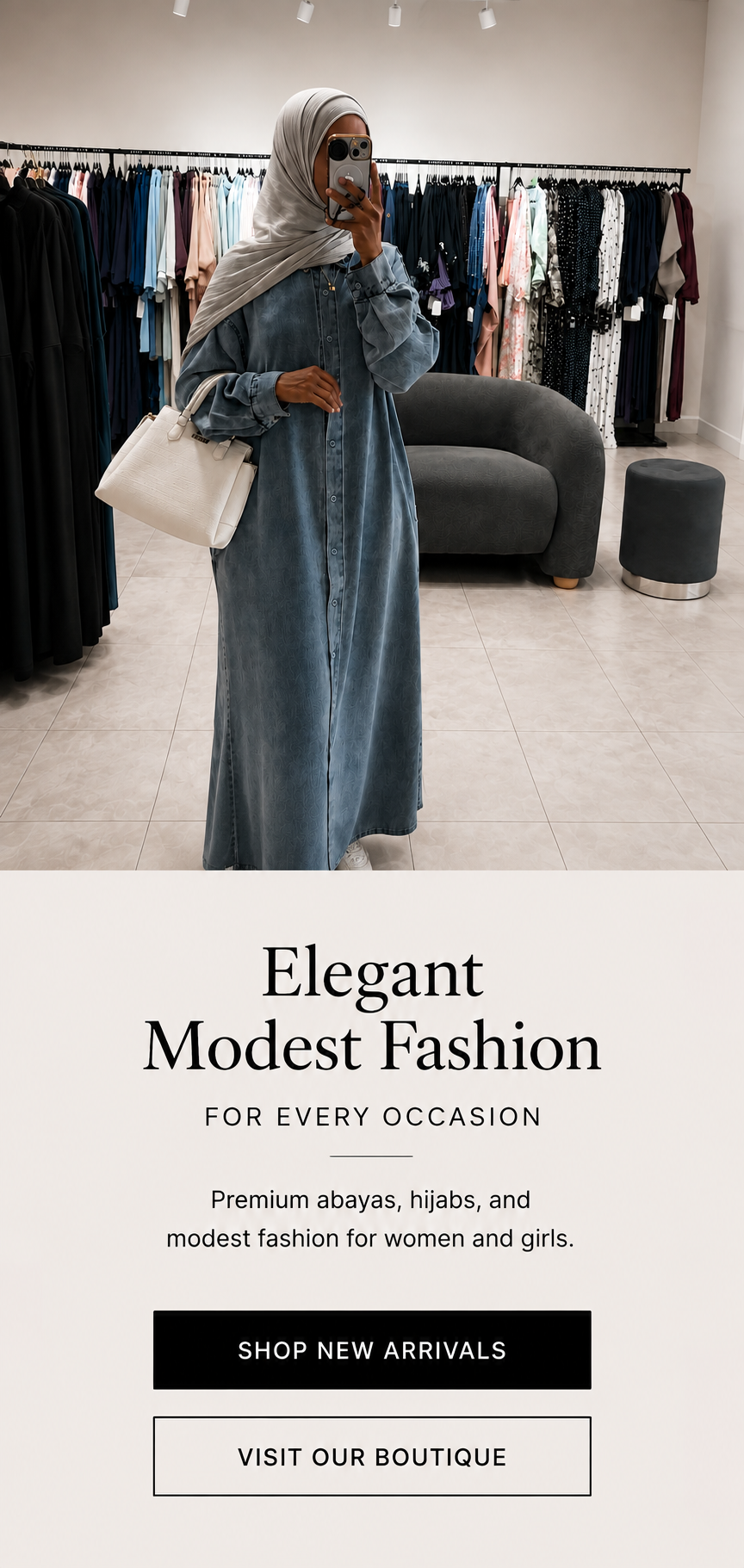 A woman wearing a modest blue abaya and hijab stands in a clothing boutique holding a white handbag. The image includes promotional text below reading 'Elegant Modest Fashion' with buttons for 'SHOP NEW ARRIVALS' and 'VISIT OUR BOUTIQUE'.